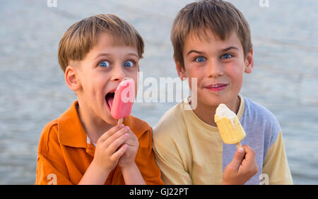 brothers eating ice cream Stock Photo