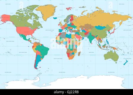 High detail Vector Illustration of the world map. With Political boundaries, full names, rivers and lakes. Stock Vector