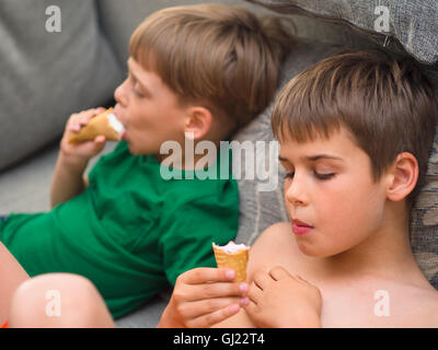 brothers eating ice cream Stock Photo