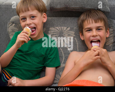 brothers eating ice cream Stock Photo