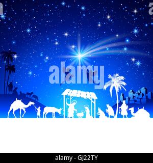 High detail Vector nativity Christmas Scene silhouettes illustration with kings adoration group Stock Vector