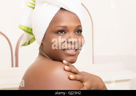 portrait of happy young woman after shower Stock Photo