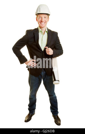 Engineer standing on a white background and smiling Stock Photo