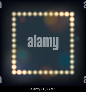 Retro presentation frame with lighting bulbs against de-focused background. Stock Vector