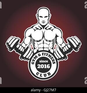 Bodybuilder with dumbbells. Weightlifting, athlete, gym, fitness club emblem or label. Stock Vector