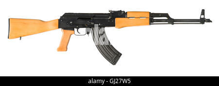 A detail of an AK-47 (Avtomat Kalashnikova) Kalashnikov assault rife on white. A clipping path is included for easy isolation.