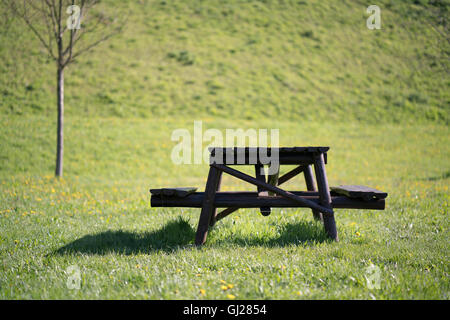Wooden table and bench on a green meadow Stock Photo