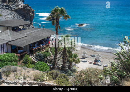 La Cala Restaurant overlooking the Beach at Cala Del Barco in the La Manga Club Resort, Murcia, Spain Stock Photo