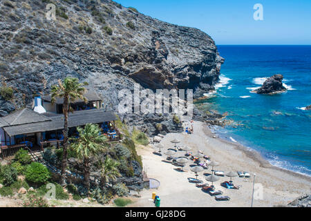 La Cala Restaurant overlooking the Beach at Cala Del Barco in the La Manga Club Resort, Murcia, Spain Stock Photo