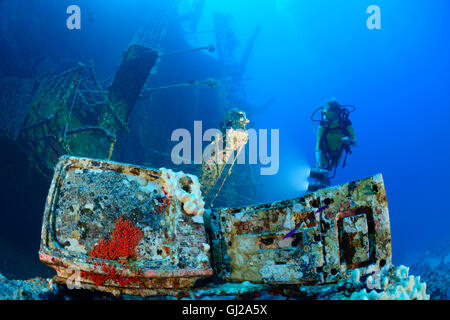 Shipwreck of the Salem Express in front of Safaga and scuba diver on ship wreck, Safaga, Red Sea, Egypt, Africa Stock Photo