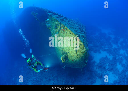 Shipwreck of the Salem Express in front of Safaga and scuba diver on ship wreck, Safaga, Red Sea, Egypt, Africa Stock Photo