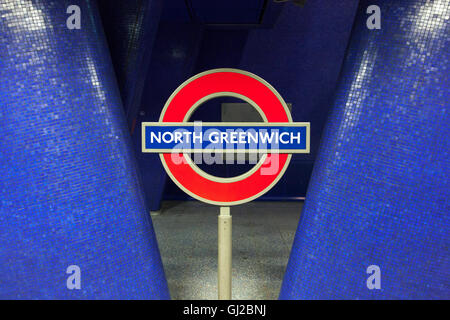 North Greenwich Underground sign at North Greenwich Underground Station platform, London, UK Stock Photo