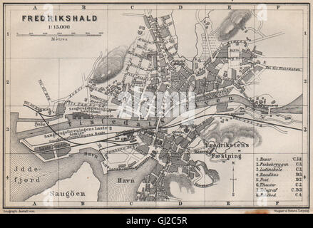 HALDEN Fredrikshald antique town city byplan. Norway kart. BAEDEKER, 1885 map Stock Photo