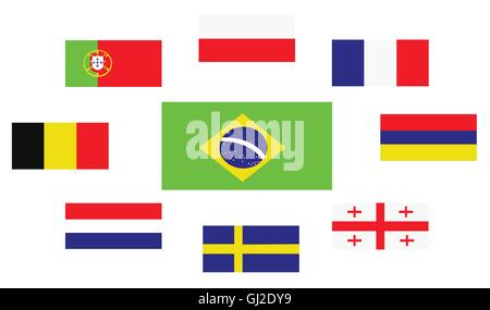 Set of country flags, Brasil, Portugal, Belgium, Sweden, France, Georgia, Netherlands, Poland and Armenia. Digital vector image Stock Vector