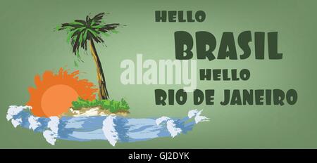 Hello brasil card with palm trees, sun and water design over green background, in outlines. Digital vector image Stock Vector