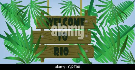 Welcome to rio text on planks card with palm branches over blue background. Digital vector image Stock Vector