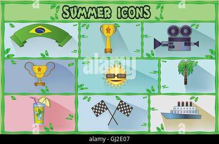 Summer icons set with brasil flag ribbon, rally flags and lemonade, flat style. Digital vector image Stock Vector