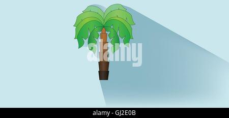 A green palm tree with brown stem and shadow over white blue background, flat style. Digital image vector Stock Vector