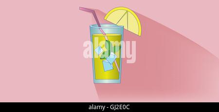 A lemonade cocktail glass with straw, mint and lemon slice design over pink background, flat style. Digital image vector Stock Vector