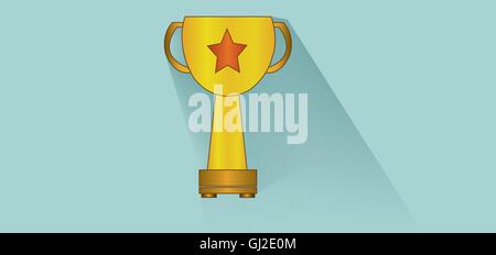Gold cup with a star design over white blue background, flat style. Digital image vector Stock Vector
