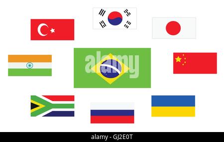 Set of country flags, Brasil, South Korea, Turkey, Japan, China, Ukraine, Russia, South Africa and India. Digital vector image Stock Vector