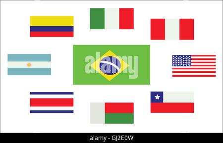 Set of country flags, Brasil, Argentina, Italy, Peru, USA, Chile, Costa Rica, Colombia and Madagascar. Digital vector image Stock Vector