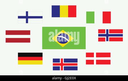 Set of country flags, Romania, Norway, Brasil, Italy, Germany, Iceland, Denmark, Finland and Austria. Digital vector image Stock Vector