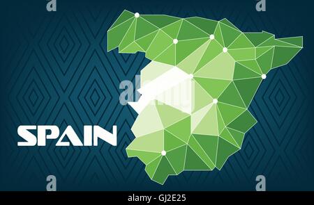 Spain country map design with green and white triangles over dark blue background with squares. Digital vector image Stock Vector