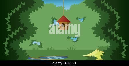 Abstract landscape with a cage for birds in a meadow in the forest. Digital vector image Stock Vector