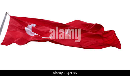 Waving in wind flag of Turkey. Isolated on white background. Stock Photo