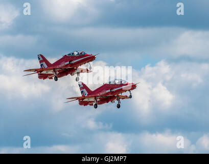 CHESTER, UNITED KINGDOM - August 06, 2016: Red Arrows departing from Chester Airport. Chester Airport August 06 2016 Stock Photo