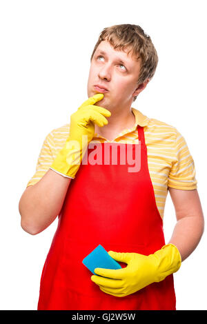 pensive man housewife with sponge thinking isolated on white background Stock Photo