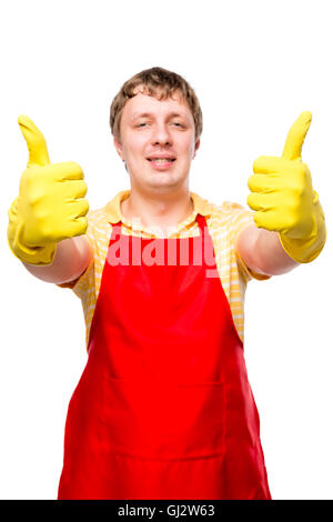 satisfied man wearing gloves and apron on white background Stock Photo