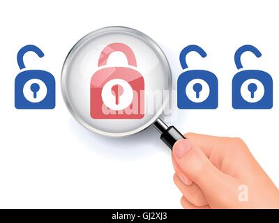 3D illustration of magnifying glass over the lock icon Stock Vector