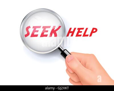 3D illustration of magnifying glass over the words of seek for help Stock Vector
