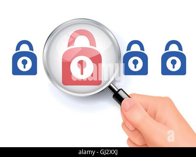 3D illustration of magnifying glass over the lock icon Stock Vector