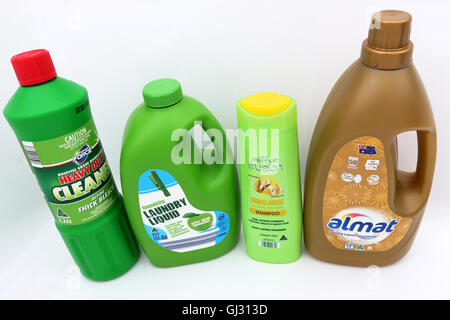 Aldi Australia household products such as bleach, laundry liquid and shampoo on white background Stock Photo