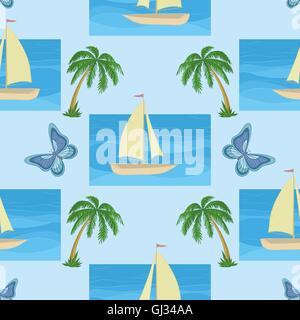 Background with a ship, palms and butterflies Stock Vector