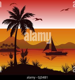Tropical Sea Landscape with Palm and Ship Stock Vector Image & Art - Alamy