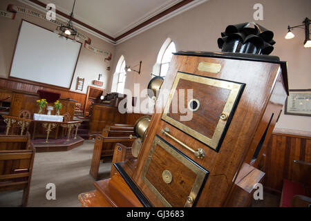 Victorian Magic Lantern by Walter Tyler in the Methodist Church, Beamish Open Air Museum, near Stanley County Durham England UK Stock Photo