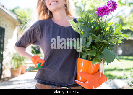 Woman carrying purple flowering plant in garden Stock Photo