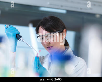 Researcher pipetting DNA sample into eppendorf vial in laboratory Stock Photo