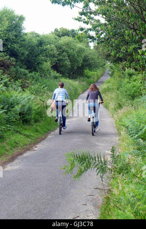 Rear view of two young adult sisters cycling along country lane Stock Photo