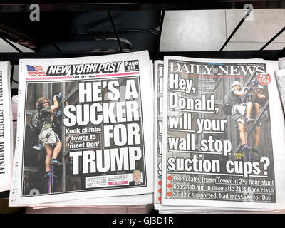 New York tabloid newspapers feature on their front pages Stephen Rogata, 19, of Great Falls, VA on his previous day's climb of Trump Tower in New York using suction cups. (© Richard B. Levine) Stock Photo