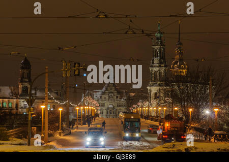 Dresden: Augustus Bridge with snow , view of castle and Hofkirche, Germany, Sachsen, Saxony, Stock Photo