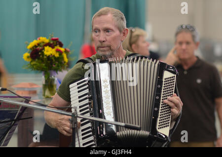 Accordion player during performance at the Boulder County Fair Exhibit Building. Stock Photo