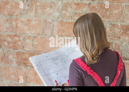 Rear view of a young woman looking to the blueprint. Stock Photo
