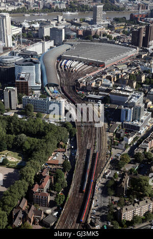 aerial view of the Waterloo railway train line heading in to Waterloo Station by the River Thames in London, UK Stock Photo