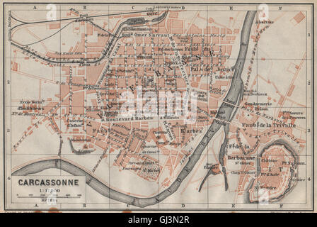 CARCASSONNE town city plan de la ville. Aude. Ville Basse & Cité carte, 1914 map Stock Photo