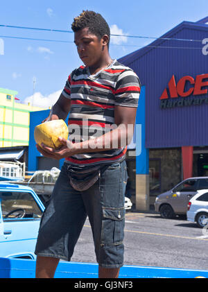 dh Kingstown ST VINCENT CARIBBEAN Caribbean coconut seller cutting coconut for drinking Stock Photo